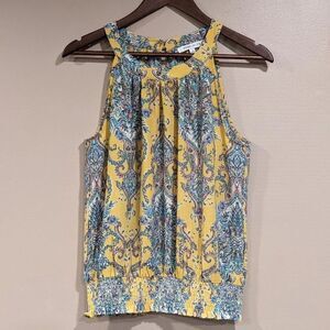 💚 5/$25 Rose‎ & Olive Yellow Paisley Sleeveless Halter Top Small Festival Boho